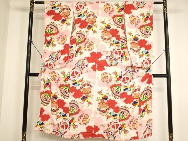 平和屋着物∵アンティーク　大正ロマン　女の子　十三参り　子供　祝着　花手毬文　逸品　AABI2834ja