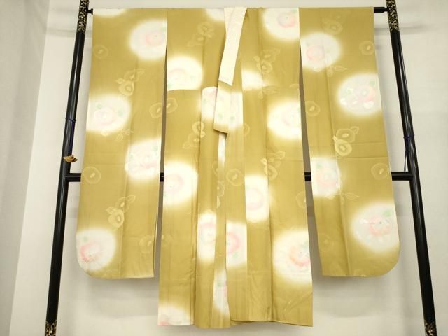 平和屋着物●振袖用長襦袢　袷　椿　暈し染め　金彩　ますいわ屋扱い　半衿刺繍　正絹　逸品　AABI8232ck
