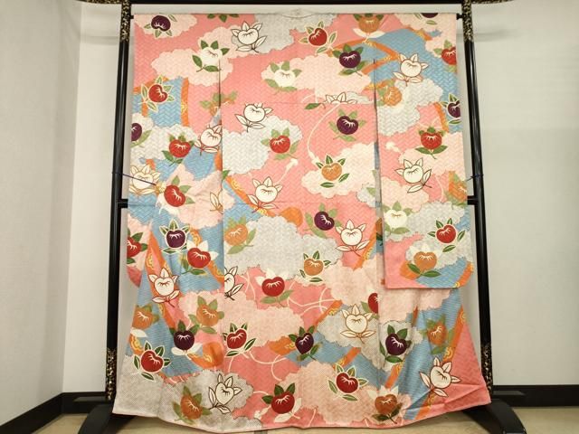 平和屋着物●十日町老舗ブランド　吉澤友禅　吾妻徳穂　振袖　駒刺繍　橘文　金彩　正絹　逸品　AABI8236ck