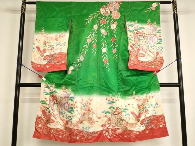 平和屋着物[]七五三　女の子　７歳　祝着　四つ身　御所車飛鶴花文　暈し染め　金彩　洗える着物　AABI2837ja
