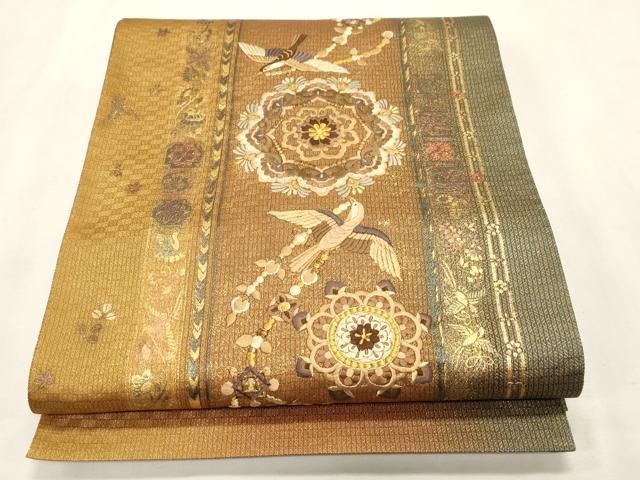 平和屋着物●ひなや工房　くむ・あむ・おる　伊豆蔵明彦　太鼓柄袋帯　刺繍　花鳥文　金彩　正絹　逸品　CABH6789dy