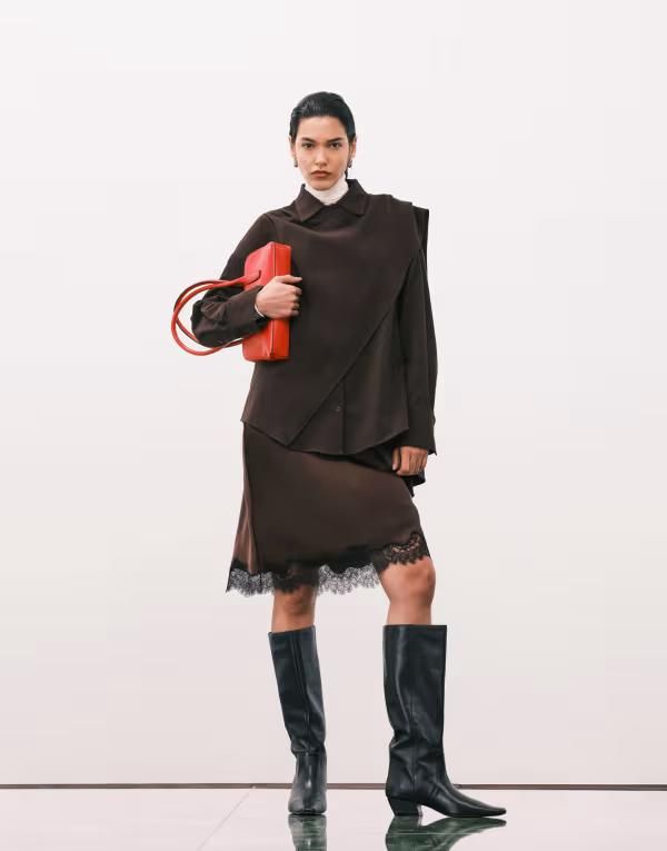 マンゴ レディース ボトムスカート ひざ丈 レース Mango knee length skirt with lacedge BROWN ブラウン