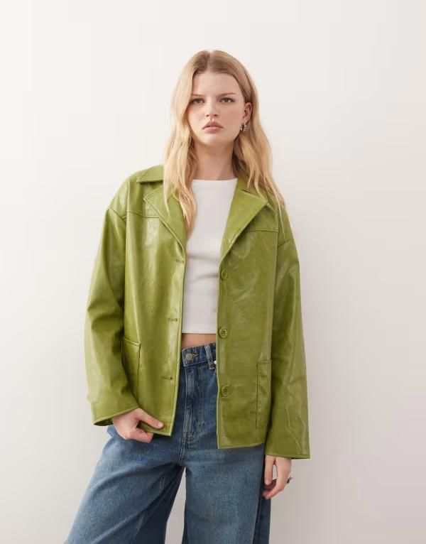 リクレイム ヴィンテージ レディース アウター ジャケット・ブルゾン ブレザー Reclaimed Vintage boxy fit leather look blazer GREEN グリーン