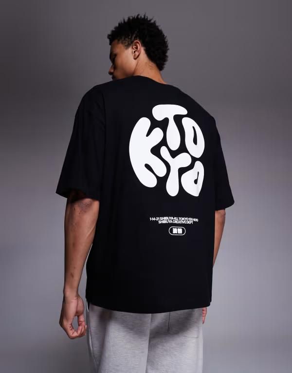 エイソス メンズ トップス Tシャツ プリント ASOS DESIGN oversized Tshirt with Kyoto puff print Black ブラック