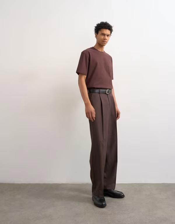 トップマン メンズ ボトムス カジュアルパンツ ワイドレッグ Topman wide leg pinstriped pants BROWN ブラウン