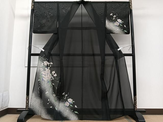 平和屋着物＊夏物　訪問着　絽　草花文　黒地　洗える着物　CABI3715xi