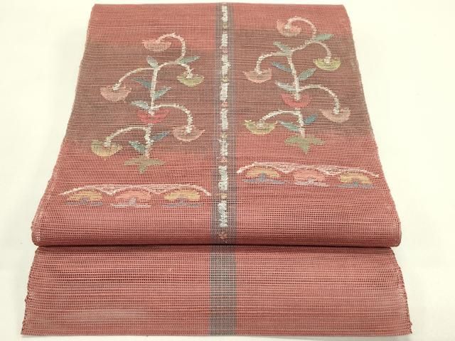 平和屋着物＊夏物　1854年創業　帯屋捨松　八寸名古屋帯　草花文　正絹　逸品　CABI5246rv