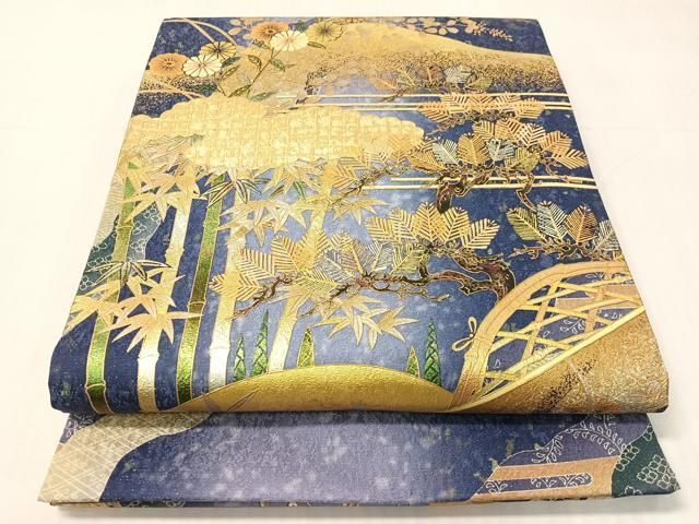 平和屋着物●両面　全通柄袋帯　道長松竹花文　銀通し地　正絹　逸品　CABI4063vp