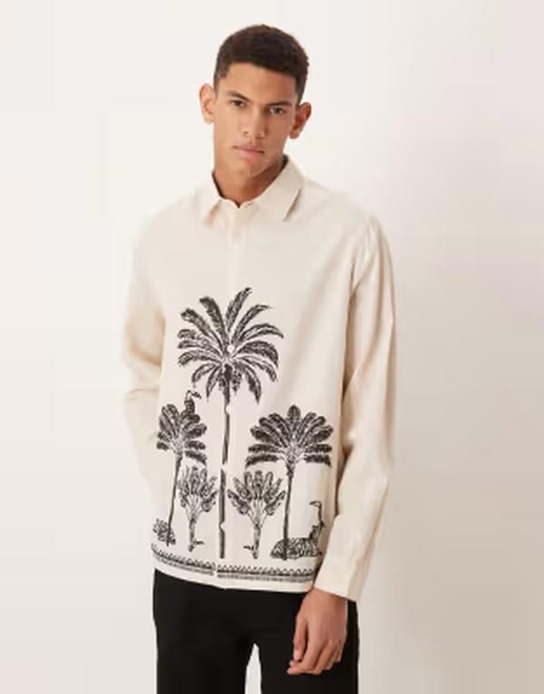 エイソス メンズ トップス シャツ プリント レース リネン ASOS DESIGN relaxed shirt with linen with palm tree placement print B