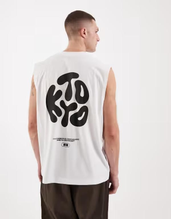 エイソス メンズ トップス ベスト プリント ASOS DESIGN oversized tank top with Kyoto text print WHITE ホワイト