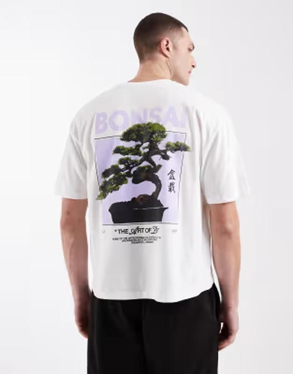 エイソス メンズ トップス Tシャツ グラフィック ASOS DESIGN boxy oversized Tshirt with bonsai graphic WHITE ホワイト