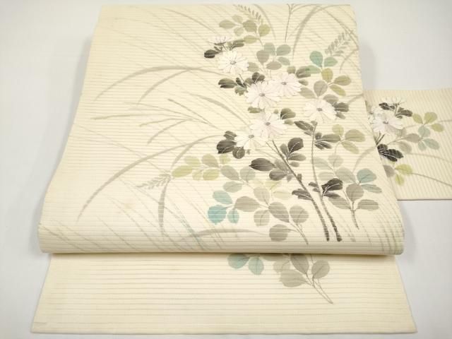 平和屋着物＊夏物　九寸名古屋帯　手描き　刺繍　枝菊文　銀彩　正絹　逸品　CABH6376tx