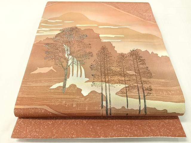 平和屋着物●本場縞大島紬　両面　太鼓柄袋帯　遠山風景文　銀彩　正絹　逸品　CABI4144vp