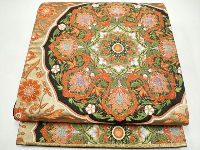 平和屋着物●六通柄袋帯　唐織　唐花鏡裏　黒地　金糸　正絹　逸品　CABI0345hy