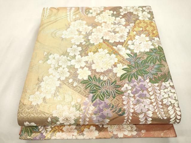 平和屋着物●六通柄袋帯　唐織　扇面草花文　金糸　正絹　逸品　CABI7307dy