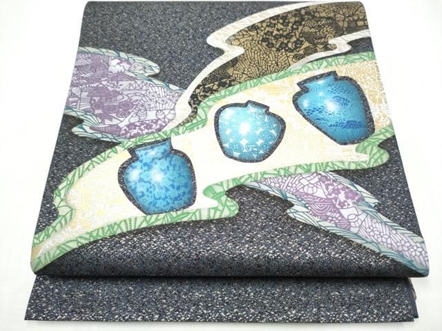 平和屋着物●太鼓柄袋帯 作家物 陶器花文 金彩 正絹 逸品 CABI0355hy