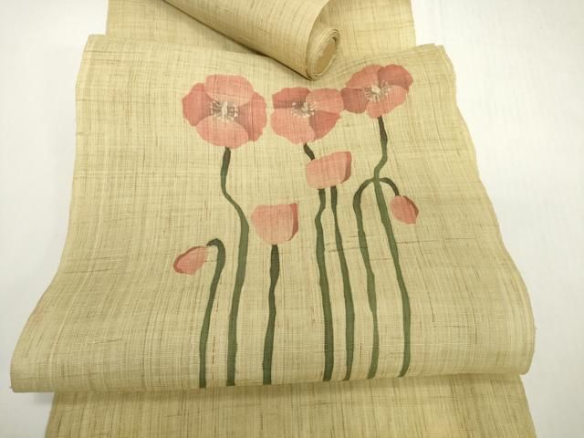 平和屋着物＊夏物　名古屋帯　帯反物　ろうけつ染め　草花文　ポピー　麻　逸品　未使用　DABH2154zzz