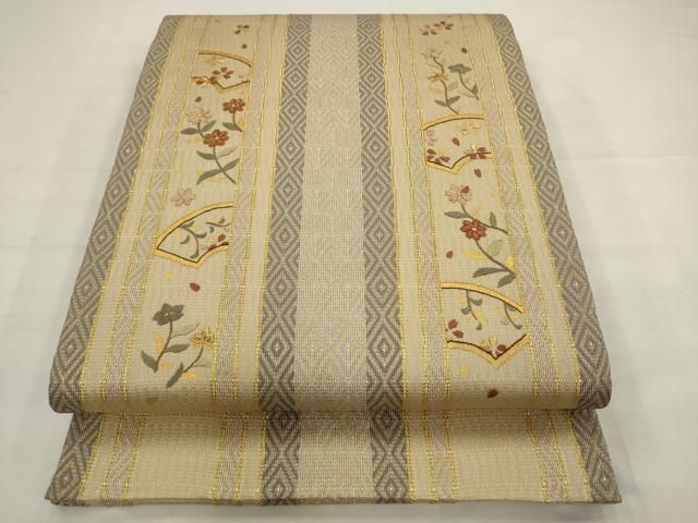 平和屋着物●ひなや工房　くむ・あむ・おる　伊豆蔵明彦　太鼓柄袋帯　総刺繍　草花間道　金糸　正絹　逸品　AABJ6939pf 29,250円