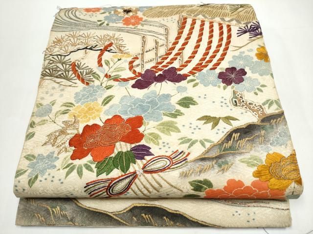 平和屋着物●アンティーク　大正ロマン　六通柄袋帯　駒刺繍　草花文　正絹　逸品　CABI0391hy