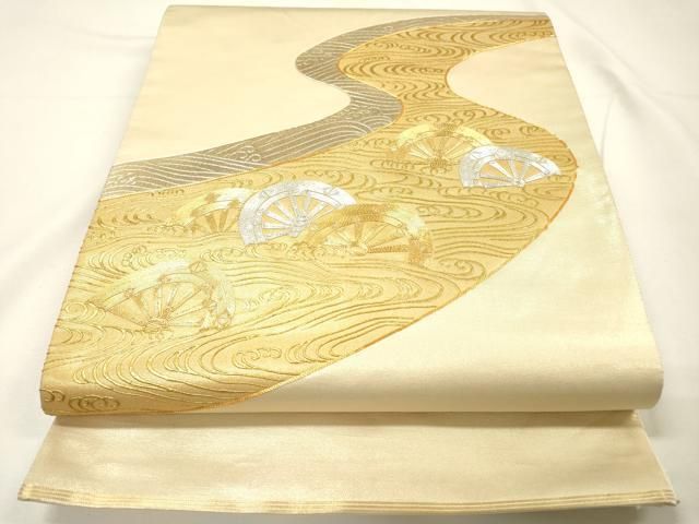 平和屋着物●西陣　川島織物　太鼓柄袋帯　駒刺繍　流水片輪車文　金彩　正絹　逸品　DABG5546fe