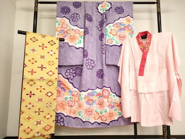 平和屋着物∵女の子　十三参り　子供　祝着・長襦袢（無双仕立て・半衿刺繍）・袋帯セット　総絞り　舞扇花文　逸品　AABJ5327ja