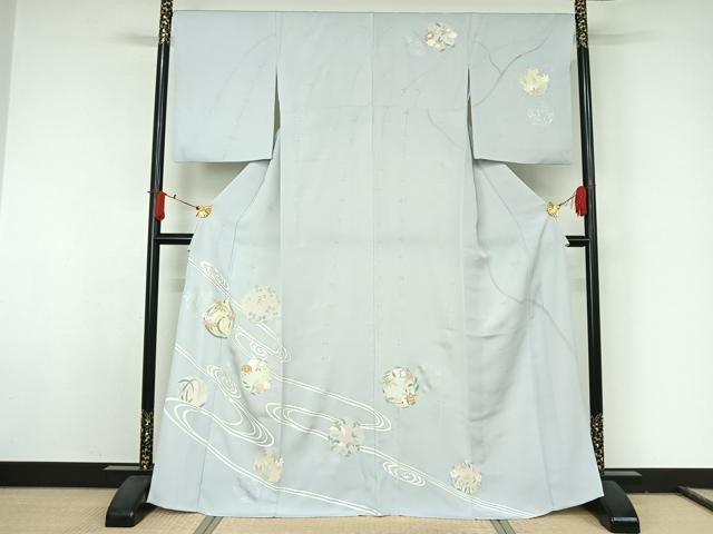 平和屋着物▽創業460年・千總　訪問着　単衣　駒刺繍　流水花丸文　銀彩　正絹　逸品　AABJ8376jh