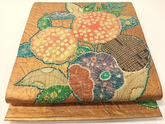 平和屋着物●六通柄袋帯　紬地　絞り　草花文　金彩　正絹　逸品　CABI4167vp