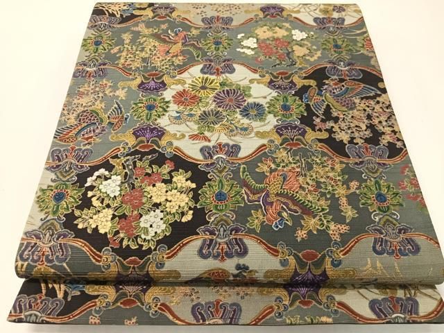 平和屋着物●全通柄袋帯　紬地　鳳凰花文　金彩　正絹　逸品　CABI4169vp