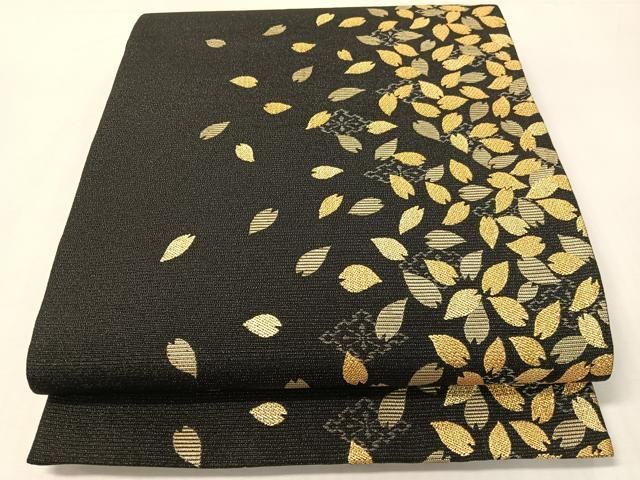 平和屋着物●六通柄袋帯　舞桜　黒地　金糸　正絹　逸品　CABI4216vp