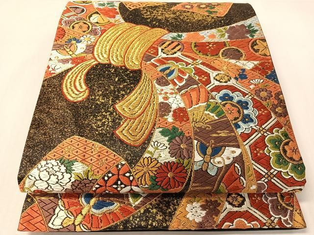 平和屋着物●西陣　河合美術織物謹製　六通柄袋帯　唐織　豊明錦　黒地　金糸　正絹　逸品　CABI4243vp