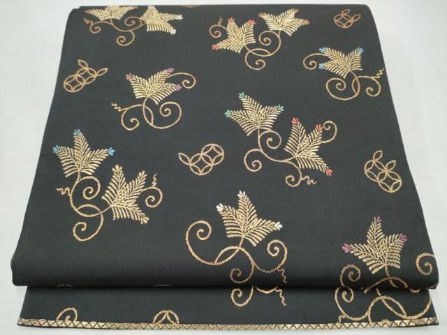 平和屋着物●六通柄　本袋帯　あけぼの繭　松葉唐草文　黒地　金糸　正絹　逸品　CABI8859hy