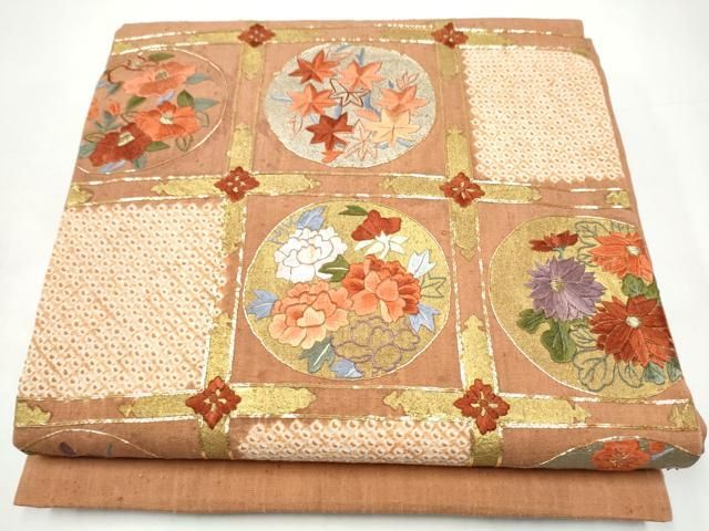 平和屋着物●太鼓柄袋帯　紬地　絞り　駒刺繍　草花丸文　金彩　正絹　逸品　CABI0333hy