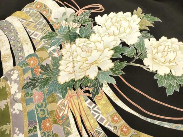 平和屋着物□豪華黒留袖 作家物 駒刺繍 草花文 牡丹 金彩 仮絵羽