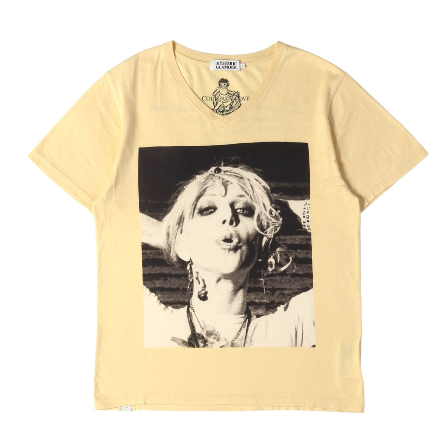 HYSTERIC GLAMOUR ヒステリックグラマー Tシャツ イエロー サイズ:S | COURTNEY LOVE フォトグラフィック Vネック Tシャツ | 日本製 | トップス カットソー 半袖【メンズ】【中古】