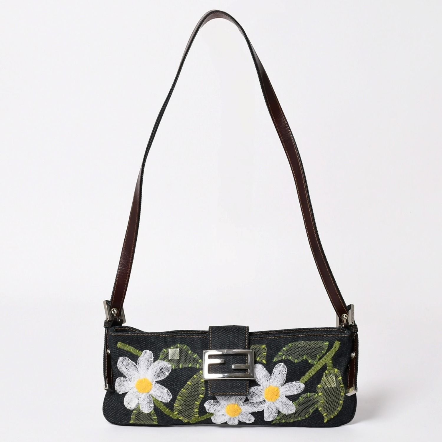 極美品 FENDI フェンディ マンマバケット フラワー デニム Shoulder Bag ショルダーバッグ ネイビー 中古 4a003652
