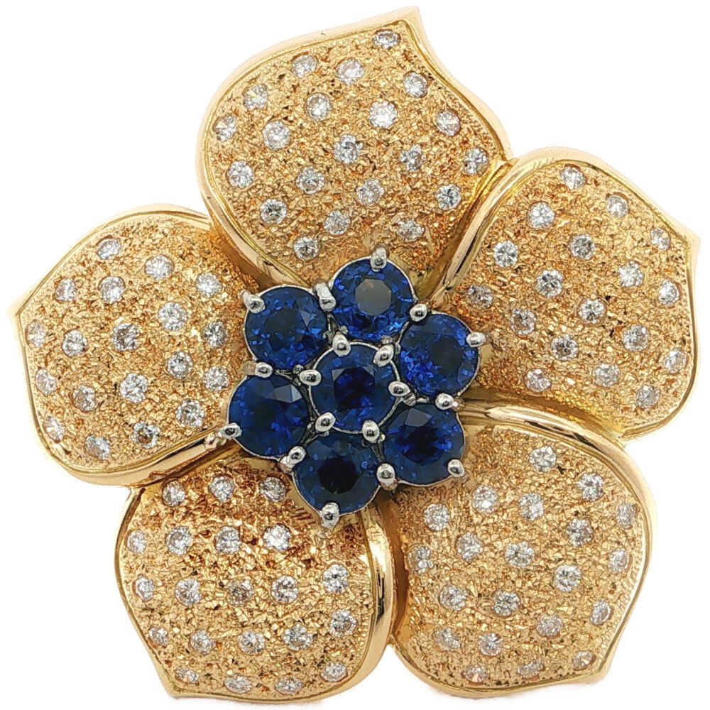 2.04ct 1.00ct スリランカ フラワーモチーフ サファイア ダイヤモンドブローチ ピンタック K18×Pt900コンビ-Kメイン-17.7g ゴールド【♀】【N】【レディース】★■615704【中古】
