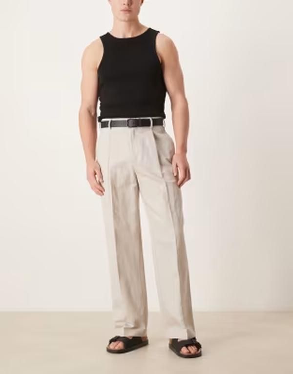 エイソス メンズ ボトムス カジュアルパンツ ワイドレッグ プリーツ リネン ASOS DESIGN pleated linen rich wide leg dress pants in stone