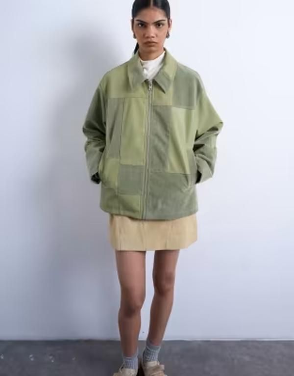 トップショップ レディース アウター コート パッチワーク スエード ジャケット Topshop faux suede patchwork zip up jacket GREEN グリーン