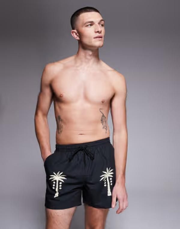 サウスビーチ メンズ 水着 ハーフパンツ・ショーツ South Beach palm tree swimsuit in faded Black ブラック