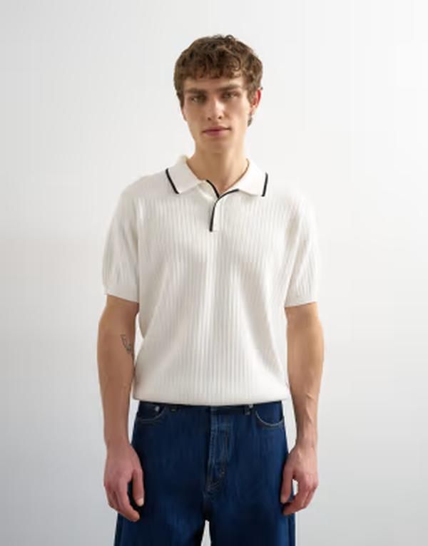 トップマン メンズ トップス ポロシャツ リブ ニット Topman classic fit knit ribbed polo with tipping in ecru WHITE ホワイト