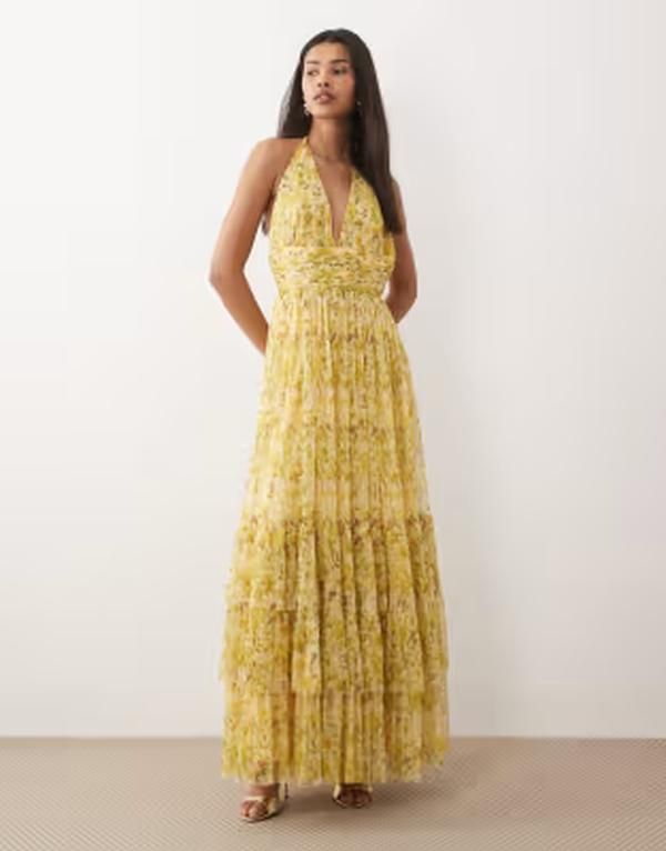 レース アンド ビーズ レディース トップス ワンピース チュール ティアード フラワー柄 マキシ フラワー ホルター Lace Beads halterneck tiered tulle maxi