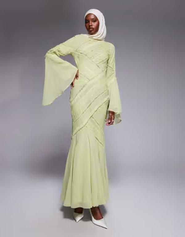 エイソス レディース トップス ワンピース レース マキシ ASOS DESIGN lace panelong sleeved maxi dress in pistachio Green グリーン