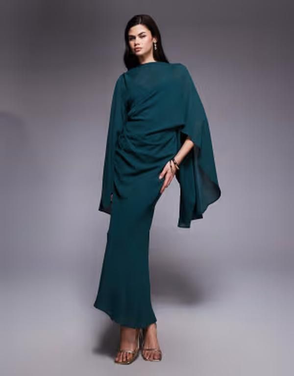 エイソス レディース トップス ワンピース オープンバック ケープデザイン ドレープ キャップ ケープ ASOS DESIGN kimono sleeve cape detail draped mid