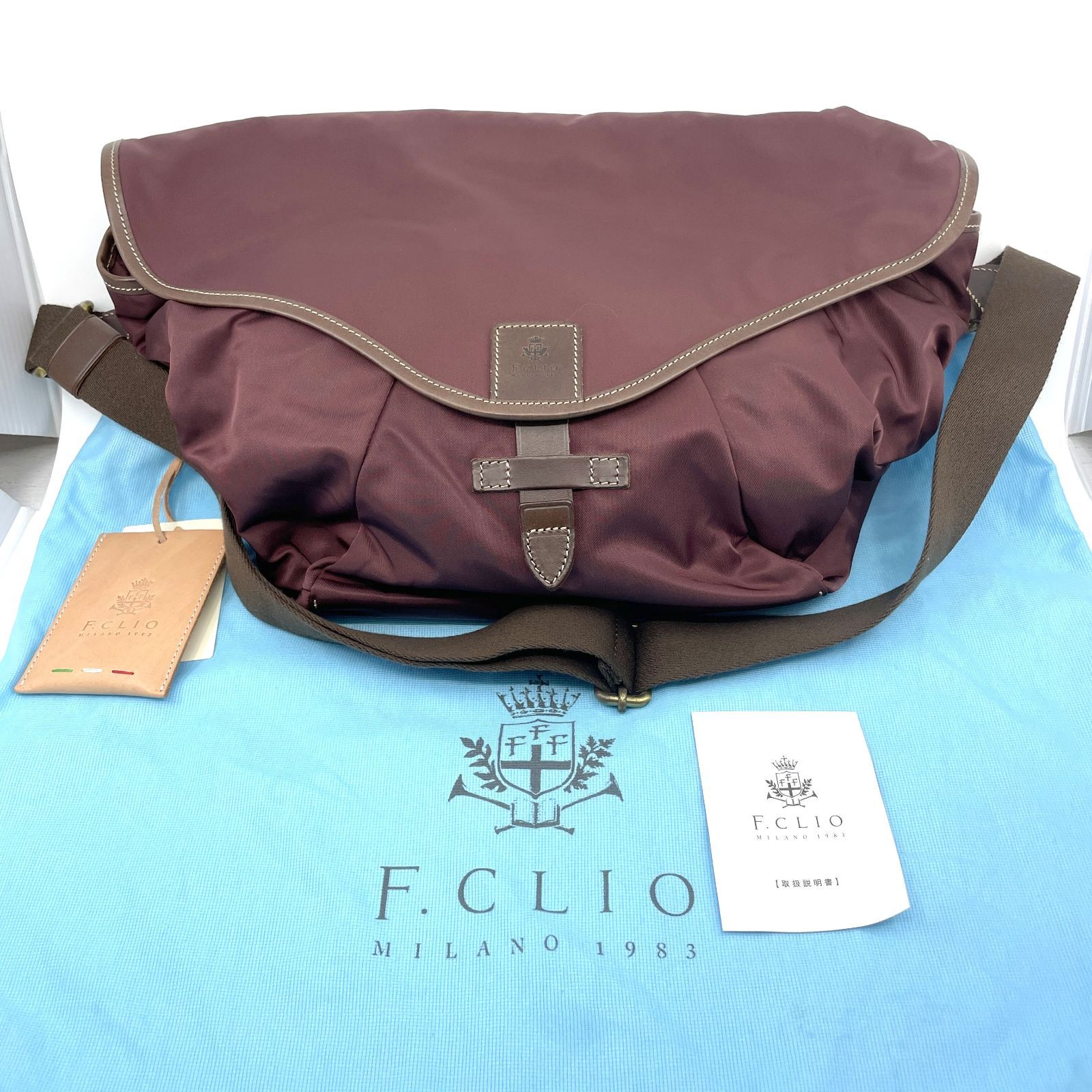 F.CLIO ショルダーバッグ　メッセンジャーバッグ　ボルドーブラウン　ナイロン×レザー
