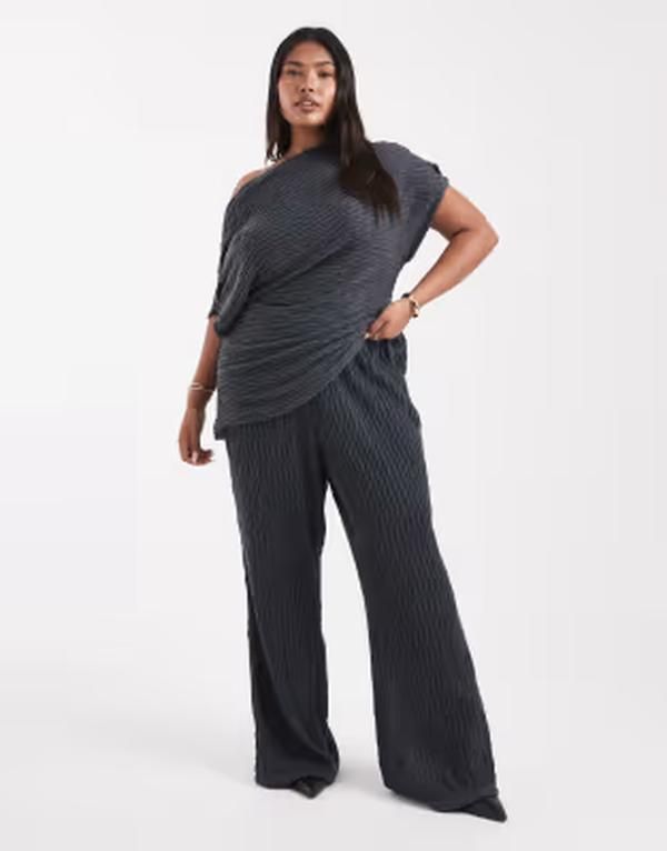 ヴェロモーダ レディース ボトムス カジュアルパンツ ワイドレッグ ジャージー Vero Moda Curve textured jersey wide leg pants in asphalt gr