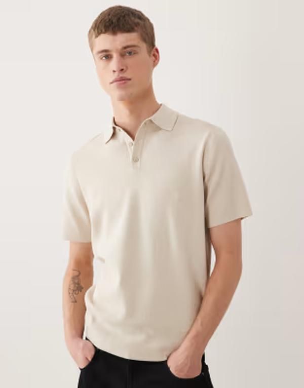 エイソス メンズ トップス ポロシャツ ニット ASOS DESIGN short sleeve knit polo in stone ストーン