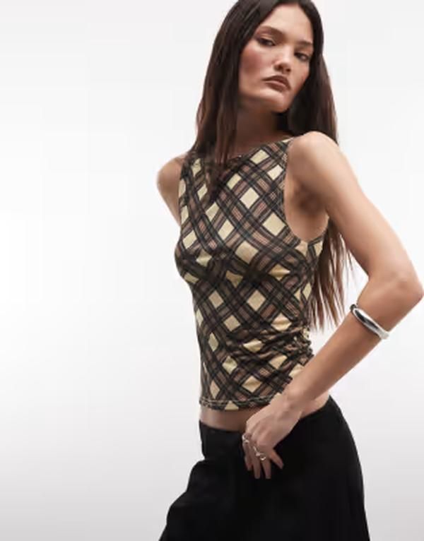 リクレイム ヴィンテージ レディース トップス ベスト プリント Reclaimed Vintage slash neck tank top in plaid print Black check ブラ