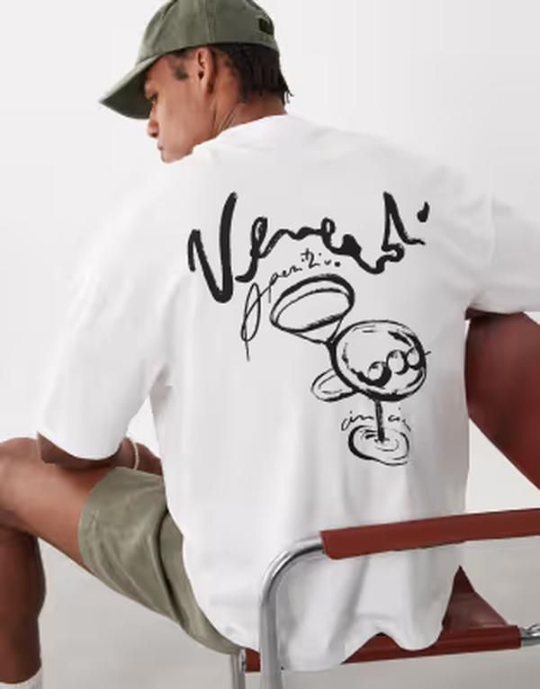 エイソス メンズ トップス Tシャツ グラフィック ASOS DESIGN oversized tshirt with martini graphic WHITE ホワイト