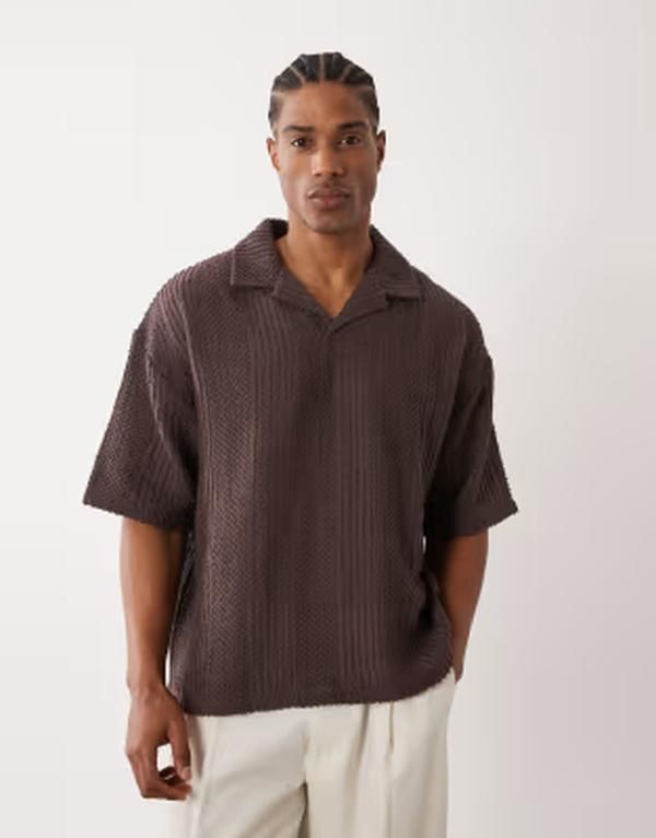 エイソス メンズ トップス ポロシャツ ASOS DESIGN boxy oversized polo textured fabric BROWN ブラウン