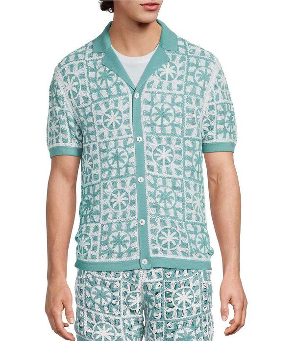 ムラノ メンズ トップス シャツ Murano Palm Springs Collection Palm Tree Crochet Short Sleeve Woven Camp Shirt Mari